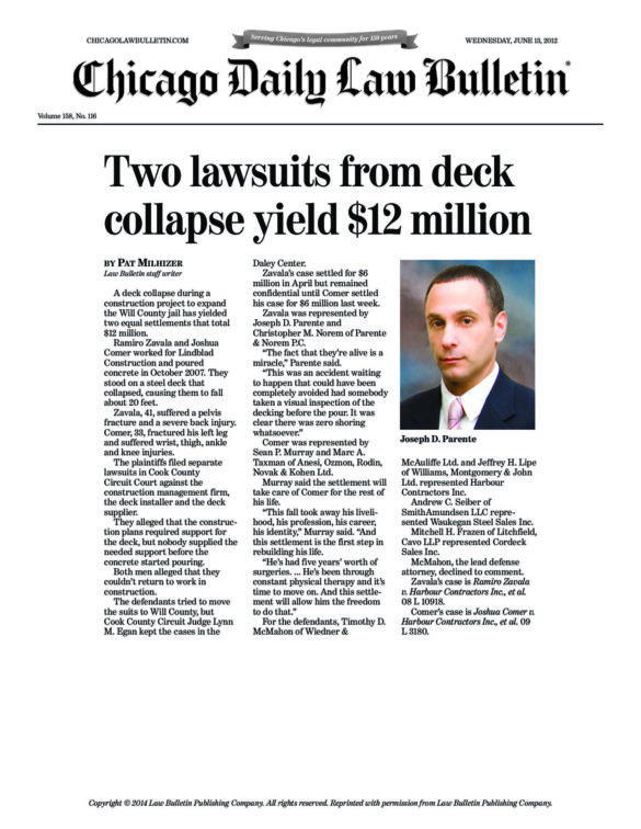 Two lawsuits from deck collapse yield $12 million