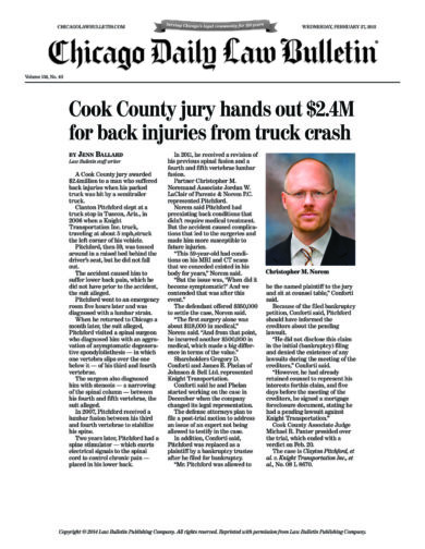 Jury awards $2.4M for back injuries from truck crash
