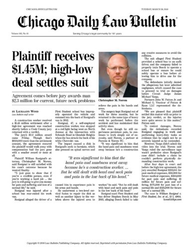 Plaintiff Receives $1.45M; High-Low Deal Settles Suit