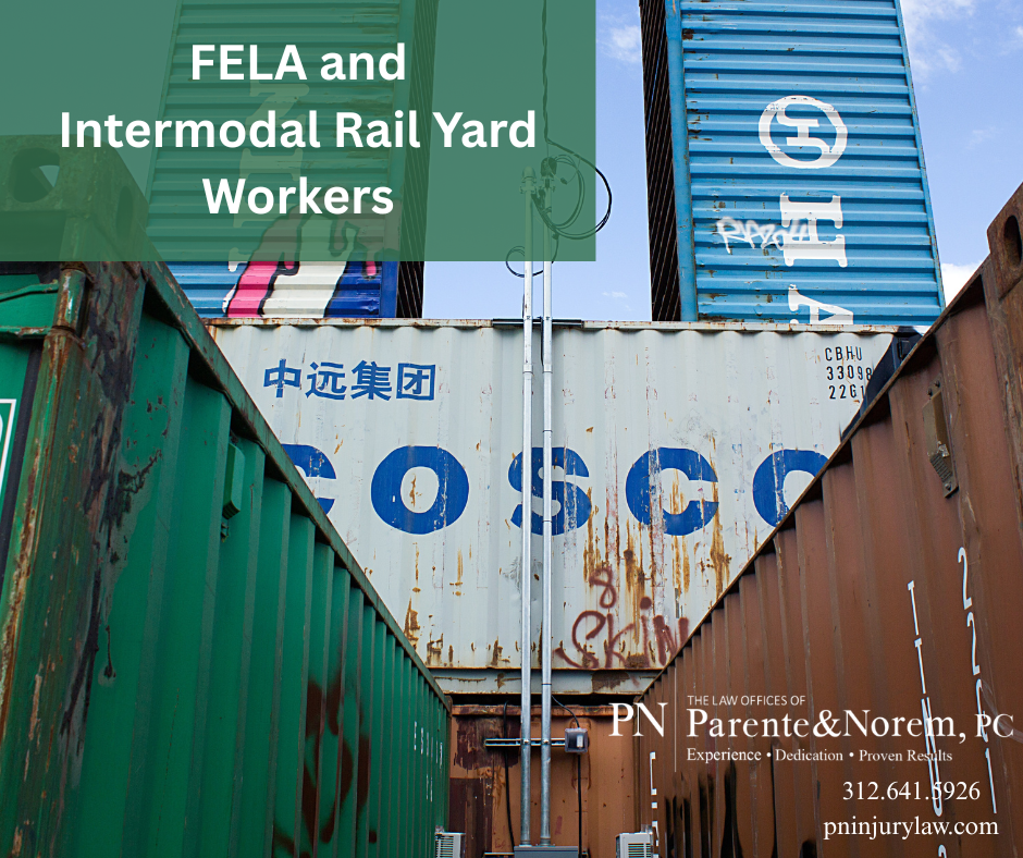 Shipping containers in a rail yard